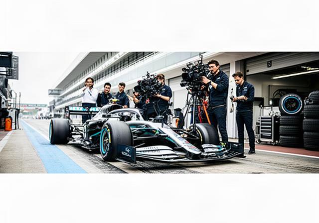 Contentteam met camera's naast een Formule 1-auto in een Nederlandse pitstraat