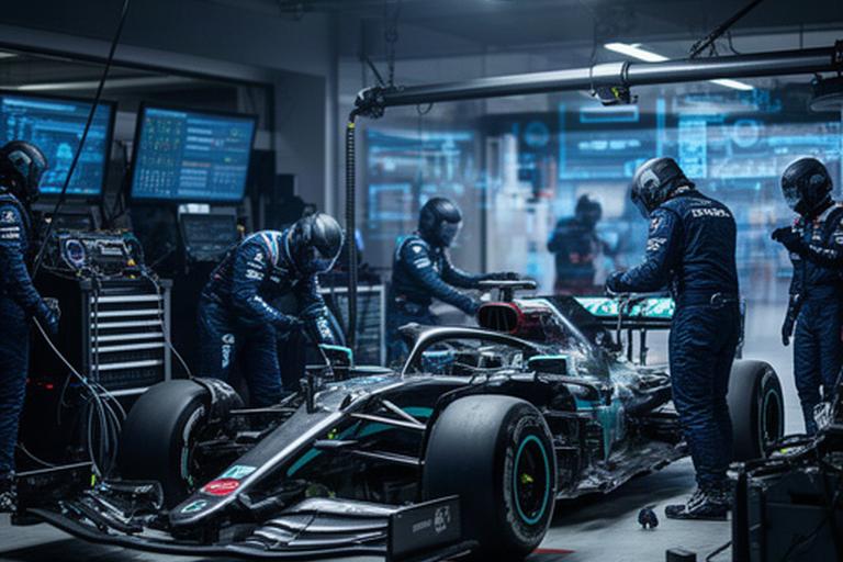 Formule 1-auto in een technische pitstraat met monteurs en datamonitoren