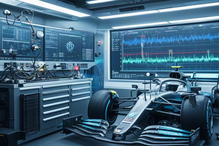 Technisch Formule 1-dashboard naast een raceauto met sensoren in een pitbox