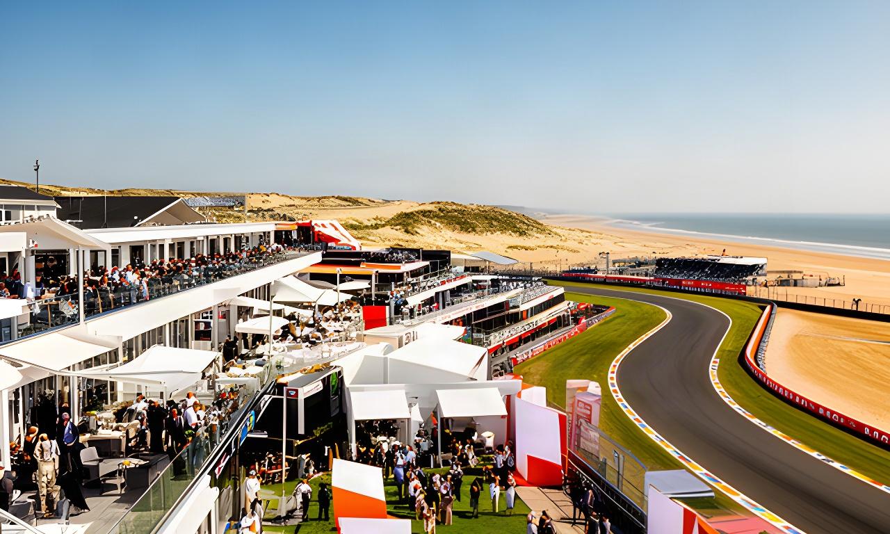 Zandvoort-circuit tijdens een zonnig Formule 1-weekend met hospitality en publiekszones