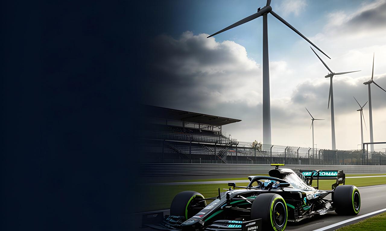 Formule 1-auto met groene accenten naast windturbines bij een circuit in Nederland