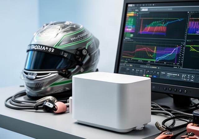 Productpresentatie op een werktafel naast een racehelm en telemetryscherm