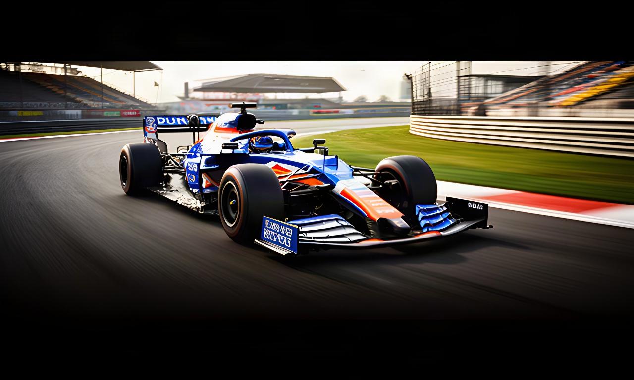 Formule 1-auto in Nederlandse teamkleuren op het circuit met zichtbare sponsorvlakken