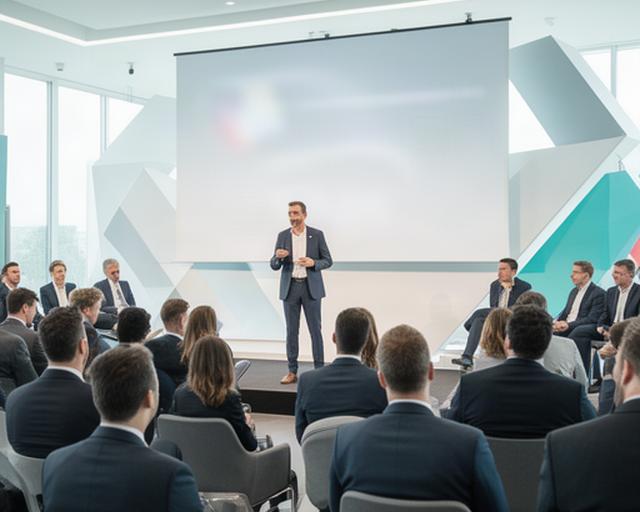 Fintech seminar met zakelijke gasten en spreker in een moderne ruimte tijdens de Dutch Grand Prix
