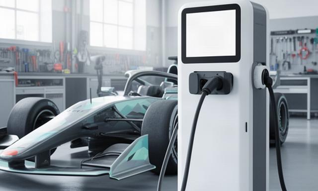 Elektrische laadoplossing naast een racewagen in een moderne werkplaats