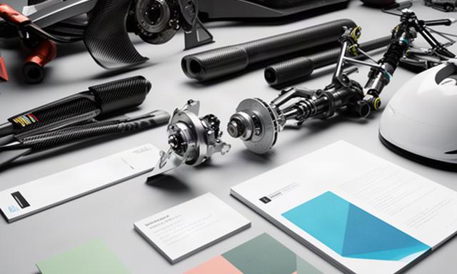 Overzicht van racewagen, technische onderdelen en zakelijke merkmaterialen in een werkruimte