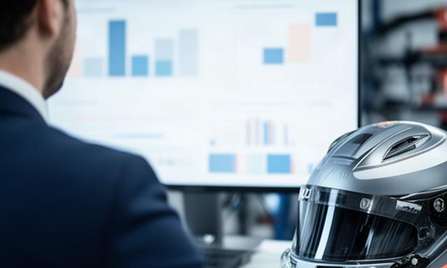 Zakelijke marketeer analyseert merkcijfers op een scherm naast een racehelm
