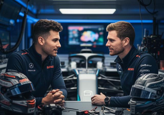 Sportinfluencer en Formule 1-coureur bespreken een campagne in een verlichte pitbox