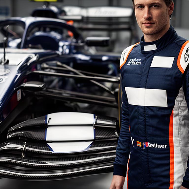 Detail van een Formule 1-auto naast een teamlid in kleding met voorbeeldlogo's