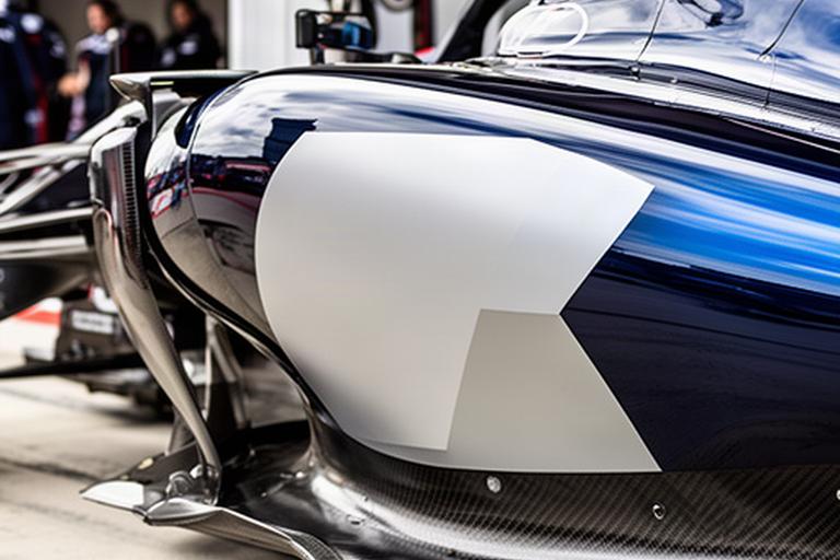 Close-up van een bedrijfslogo op de sidepod van een Formule 1-auto in de pitstraat