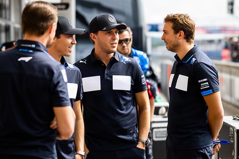 Teamleden in donkerblauwe Formule 1-teamkleding met regionale sponsorlogo's in de paddock