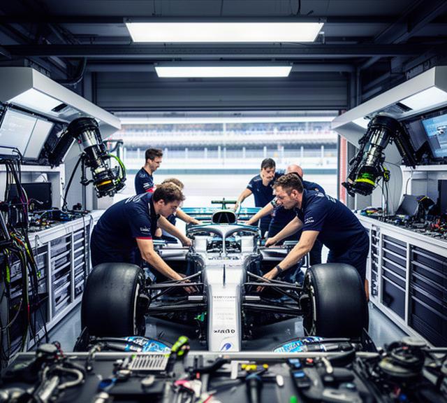 Nederlandse race-engineers werken aan een Formule 1-auto in de garage van het team in De Bilt
