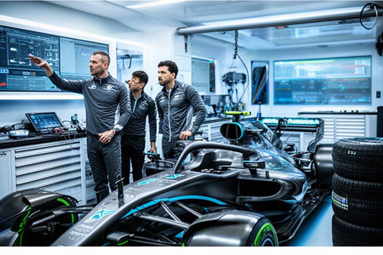 Nederlandse race-engineers bespreken telemetrie naast een Formule 1-auto in een moderne pitbox