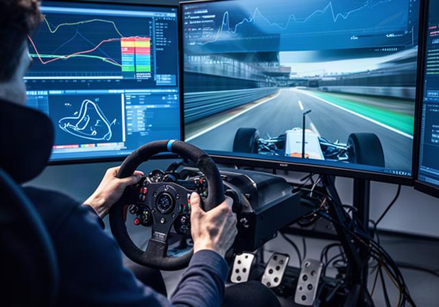 Simracer aan een professioneel stuur met telemetriegegevens en een virtuele Formule 1-baan op scherm