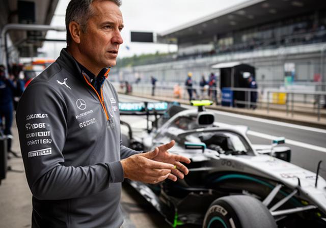 Gilyani Somar bespreekt racegegevens naast een Formule 1-auto in de pitstraat