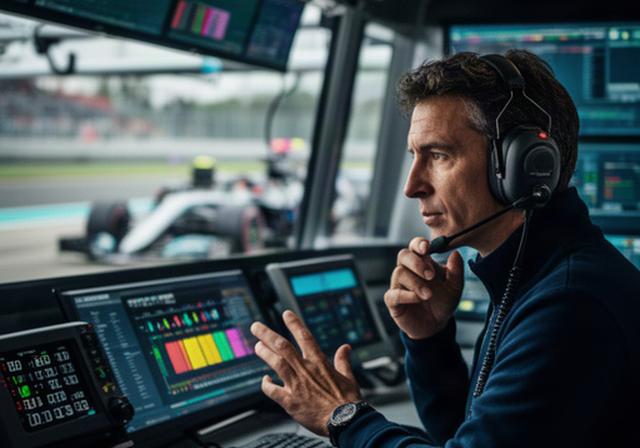 Riemy Hoffschlag werkt aan een racestrategie met een pitwall-scherm op de achtergrond