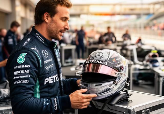 Vally Mardenli draagt een racepak en bespreekt een helm in de paddock