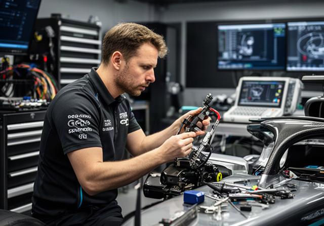 Woonwagen Iskender controleert onderdelen en sensoren in de technische racegarage
