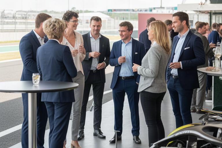 Utrechtse ondernemers in gesprek tijdens een zakelijke netwerkbijeenkomst naast een Formule 1-auto