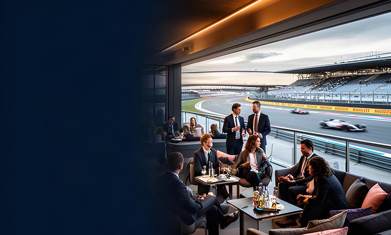 Zakelijke gasten in een stijlvolle Formule 1-hospitality lounge met zicht op het circuit
