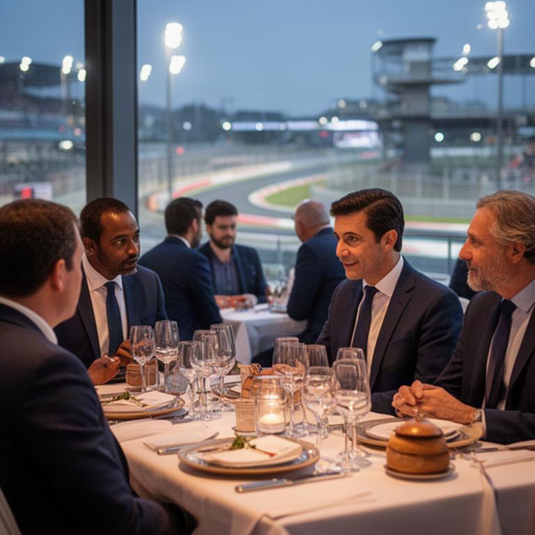 Zakelijke gasten in gesprek tijdens een verzorgd netwerkdiner naast het Formule 1-circuit