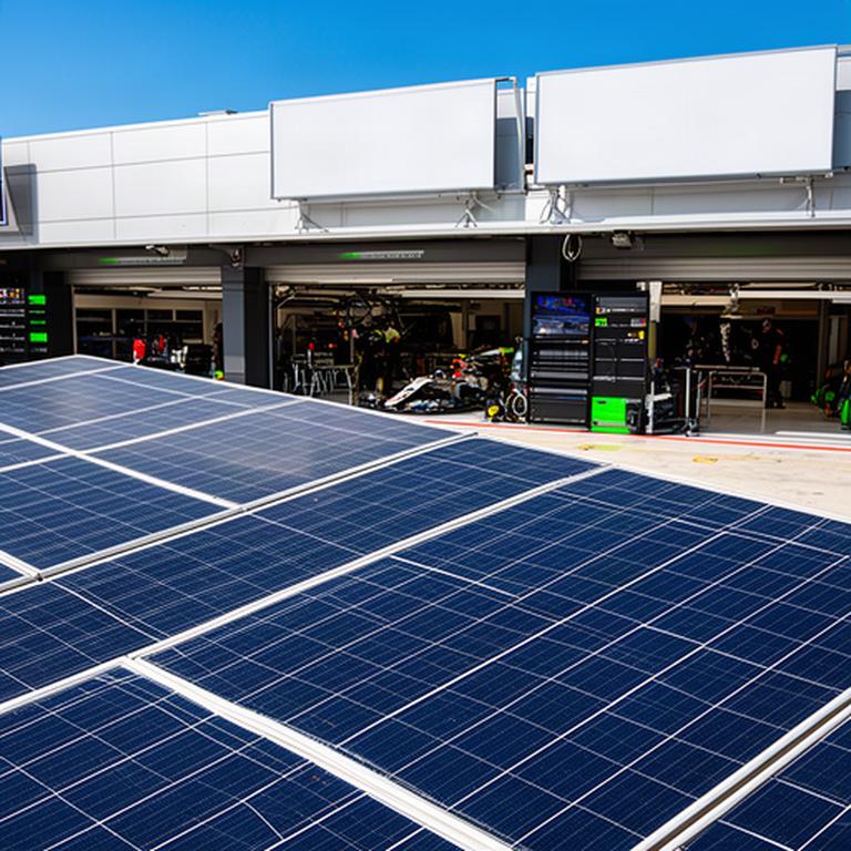 Zonnepanelen en een Formule 1-teamgarage tijdens een zonnige racedag